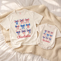 Personalized 4th of July Baby Girl Outfit with Patriotic Bows and Name, Retro First Fourth of July Romper, Festive Holiday Bubble