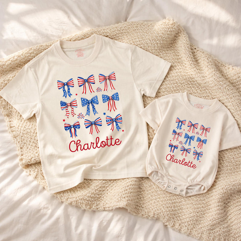 Personalized 4th of July Baby Girl Outfit with Patriotic Bows and Name, Retro First Fourth of July Romper, Festive Holiday Bubble