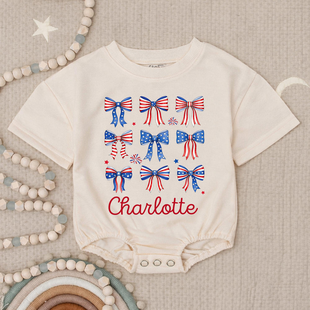 Personalized 4th of July Baby Girl Outfit with Patriotic Bows and Name, Retro First Fourth of July Romper, Festive Holiday Bubble