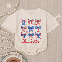 Personalized 4th of July Baby Girl Outfit with Patriotic Bows and Name, Retro First Fourth of July Romper, Festive Holiday Bubble