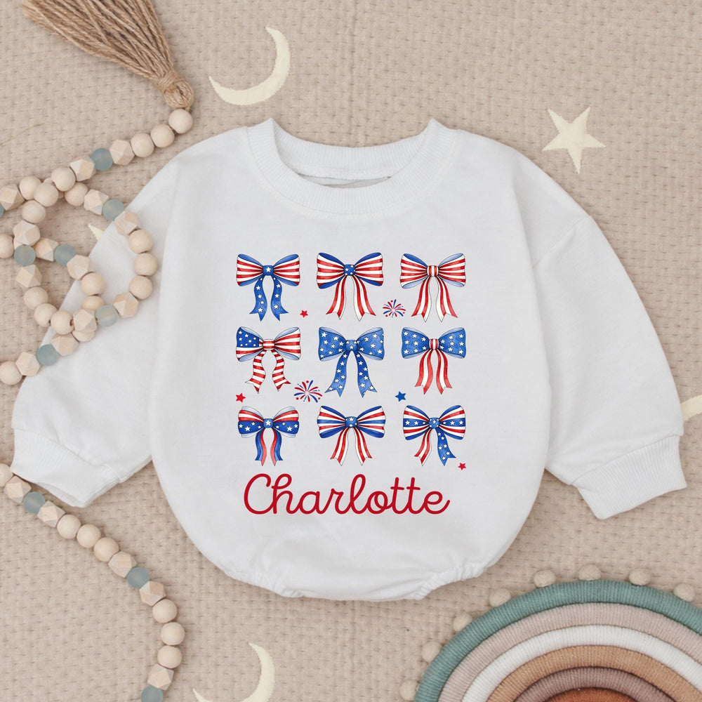 Personalized 4th of July Baby Girl Outfit with Patriotic Bows and Name, Retro First Fourth of July Romper, Festive Holiday Bubble