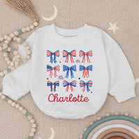 Personalized 4th of July Baby Girl Outfit with Patriotic Bows and Name, Retro First Fourth of July Romper, Festive Holiday Bubble