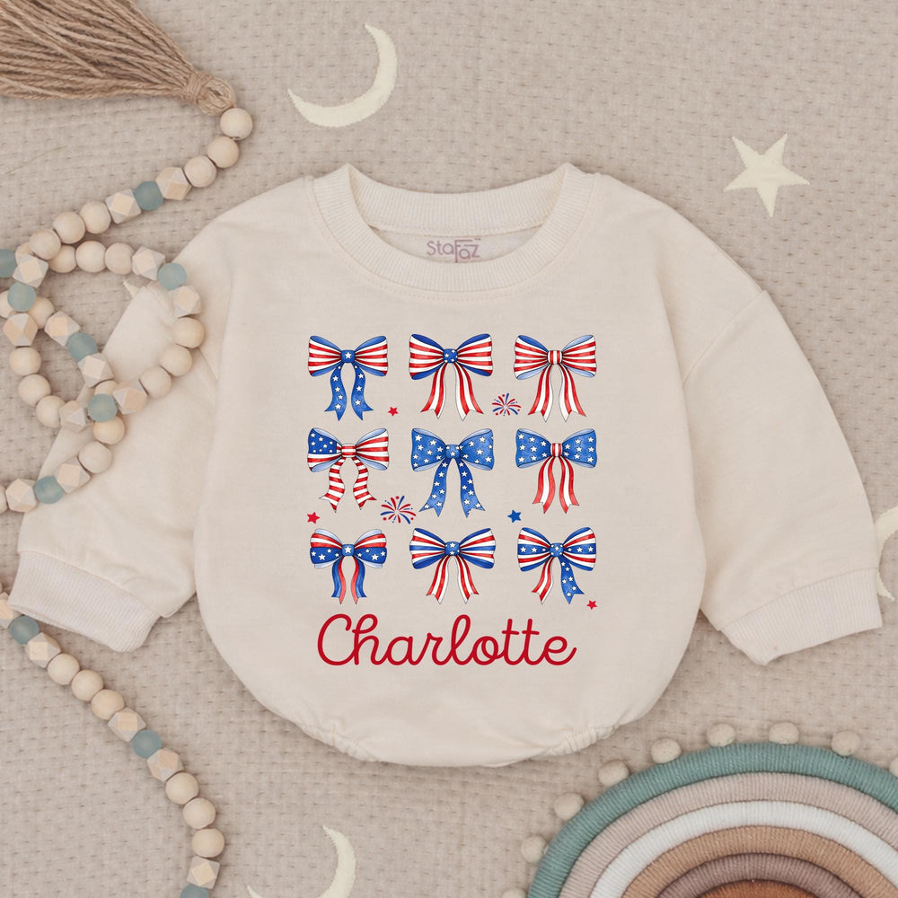 Personalized 4th of July Baby Girl Outfit with Patriotic Bows and Name, Retro First Fourth of July Romper, Festive Holiday Bubble