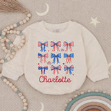 Personalized 4th of July Baby Girl Outfit with Patriotic Bows and Name, Retro First Fourth of July Romper, Festive Holiday Bubble