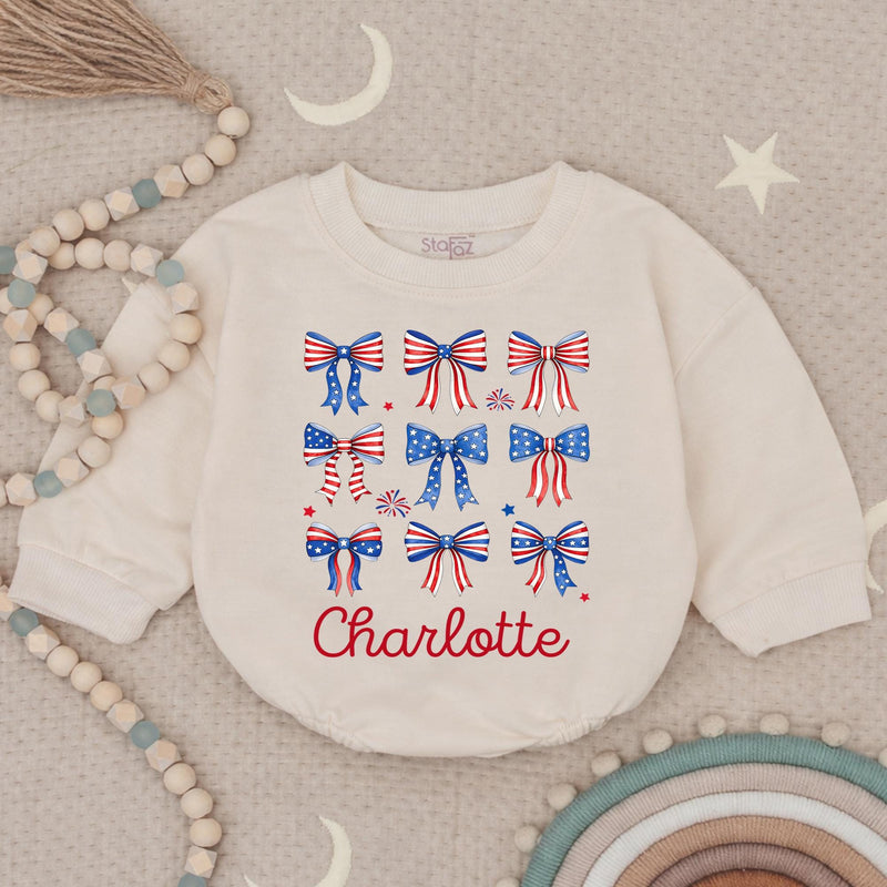 Personalized 4th of July Baby Girl Outfit with Patriotic Bows and Name, Retro First Fourth of July Romper, Festive Holiday Bubble