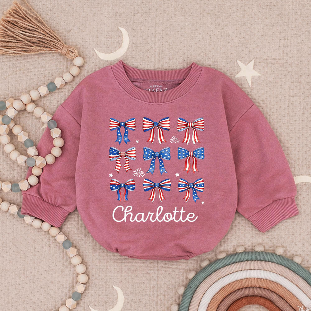 Personalized 4th of July Baby Girl Outfit with Patriotic Bows and Name, Retro First Fourth of July Romper, Festive Holiday Bubble