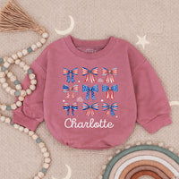 Personalized 4th of July Baby Girl Outfit with Patriotic Bows and Name, Retro First Fourth of July Romper, Festive Holiday Bubble