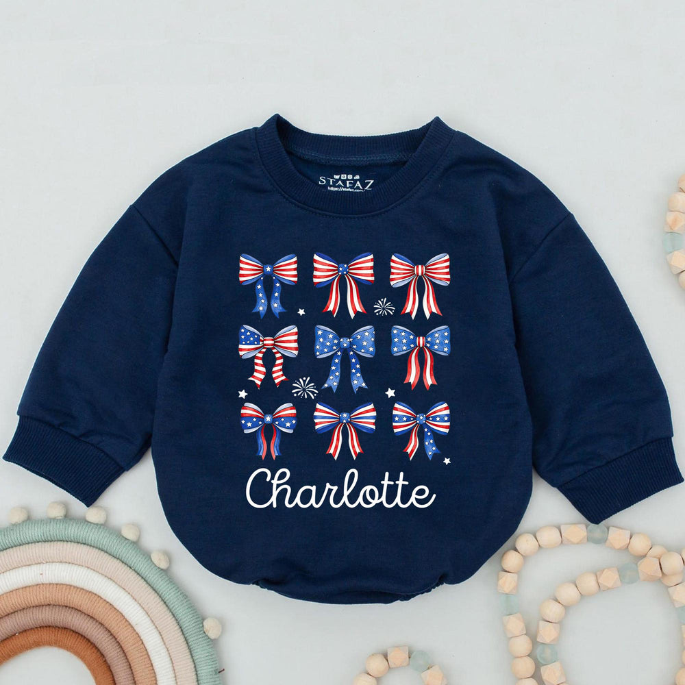 Personalized 4th of July Baby Girl Outfit with Patriotic Bows and Name, Retro First Fourth of July Romper, Festive Holiday Bubble