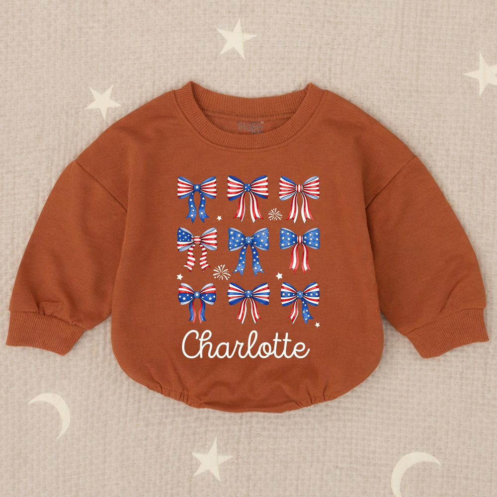 Personalized 4th of July Baby Girl Outfit with Patriotic Bows and Name, Retro First Fourth of July Romper, Festive Holiday Bubble