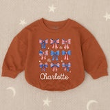 Personalized 4th of July Baby Girl Outfit with Patriotic Bows and Name, Retro First Fourth of July Romper, Festive Holiday Bubble