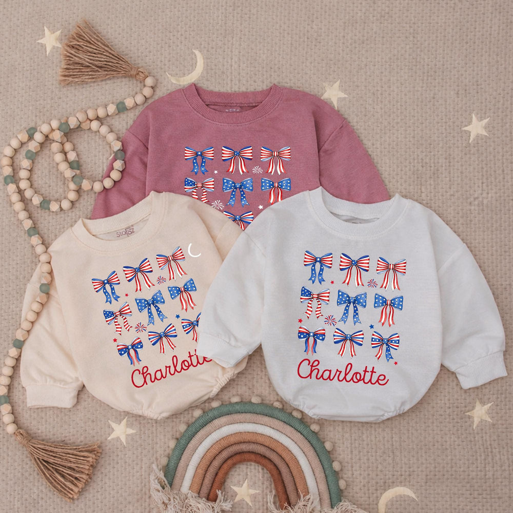Personalized 4th of July Baby Girl Outfit with Patriotic Bows and Name, Retro First Fourth of July Romper, Festive Holiday Bubble