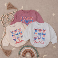 Personalized 4th of July Baby Girl Outfit with Patriotic Bows and Name, Retro First Fourth of July Romper, Festive Holiday Bubble