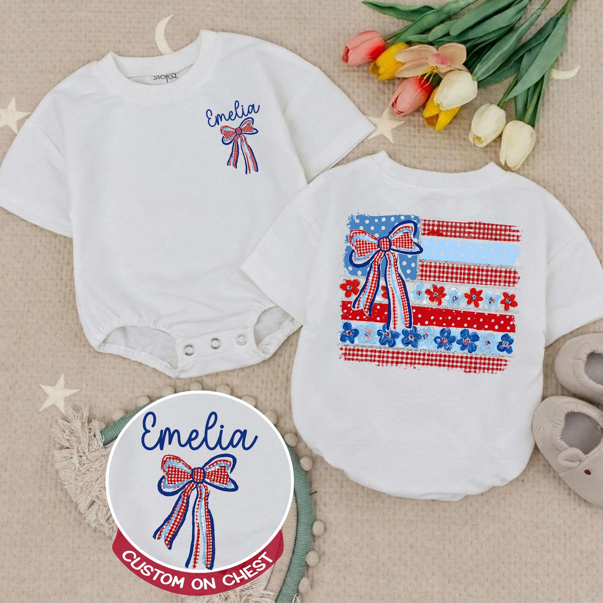Personalized 4th of July Baby Girl Romper with Name and Bow Design Independence Day Toddler Shirt Cute Patriotic Infant Clothes Gift