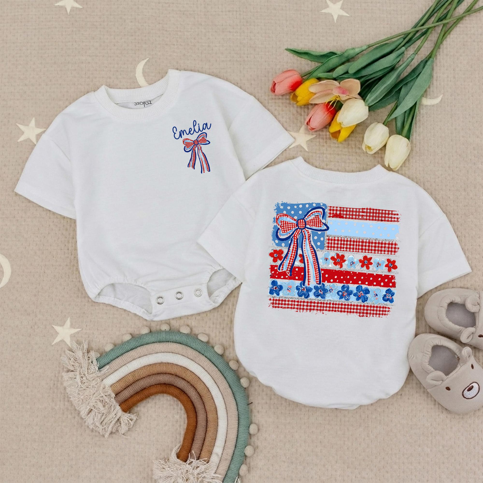 Personalized 4th of July Baby Girl Romper with Name and Bow Design Independence Day Toddler Shirt Cute Patriotic Infant Clothes Gift