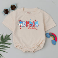Personalized 4th of July Baby Romper with Bubble Letters and Bow, Custom Name Independence Day Outfit for Infant Girls, Red White Blue Clothes
