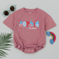 Personalized 4th of July Baby Romper with Bubble Letters and Bow, Custom Name Independence Day Outfit for Infant Girls, Red White Blue Clothes