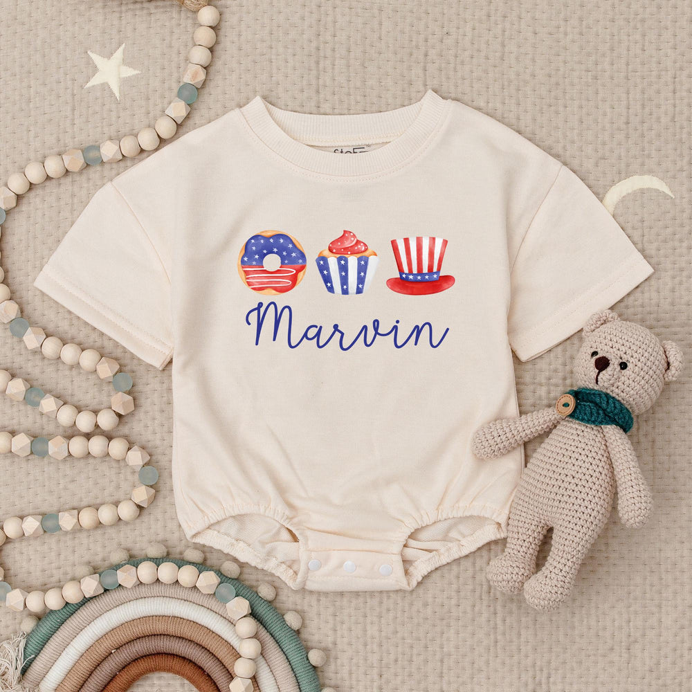 Personalized 4th of July Baby Romper with Name, Patriotic Red White Blue Outfit, Whimsical Donut Cupcake Hat Design Infant Holiday Gift