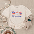 Personalized 4th of July Baby Romper with Name, Patriotic Red White Blue Outfit, Whimsical Donut Cupcake Hat Design Infant Holiday Gift