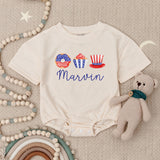 Personalized 4th of July Baby Romper with Name, Patriotic Red White Blue Outfit, Whimsical Donut Cupcake Hat Design Infant Holiday Gift