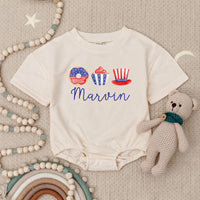 Personalized 4th of July Baby Romper with Name, Patriotic Red White Blue Outfit, Whimsical Donut Cupcake Hat Design Infant Holiday Gift