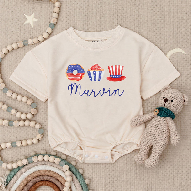 Personalized 4th of July Baby Romper with Name, Patriotic Red White Blue Outfit, Whimsical Donut Cupcake Hat Design Infant Holiday Gift