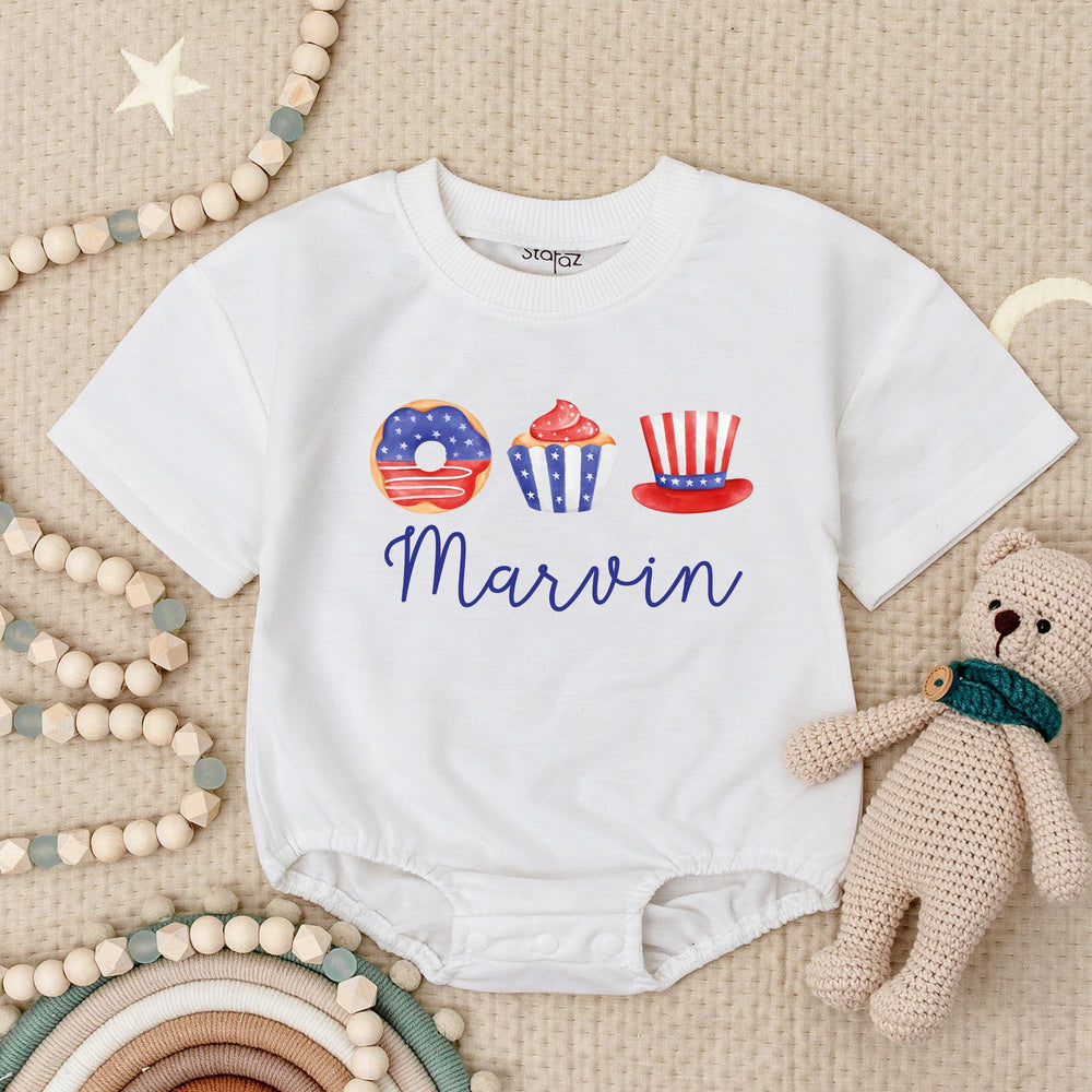 Personalized 4th of July Baby Romper with Name, Patriotic Red White Blue Outfit, Whimsical Donut Cupcake Hat Design Infant Holiday Gift