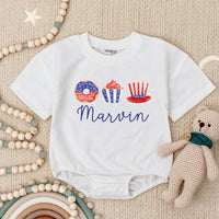 Personalized 4th of July Baby Romper with Name, Patriotic Red White Blue Outfit, Whimsical Donut Cupcake Hat Design Infant Holiday Gift