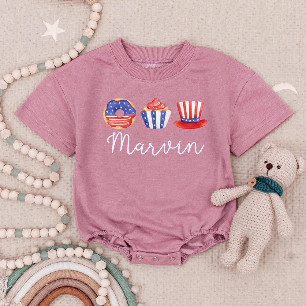 Personalized 4th of July Baby Romper with Name, Patriotic Red White Blue Outfit, Whimsical Donut Cupcake Hat Design Infant Holiday Gift