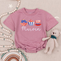 Personalized 4th of July Baby Romper with Name, Patriotic Red White Blue Outfit, Whimsical Donut Cupcake Hat Design Infant Holiday Gift