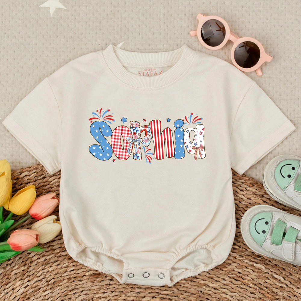 Personalized 4th of July Baby Romper with Name in Red White Blue Bubble Letters, Patriotic Toddler Outfit for Independence Day Gift
