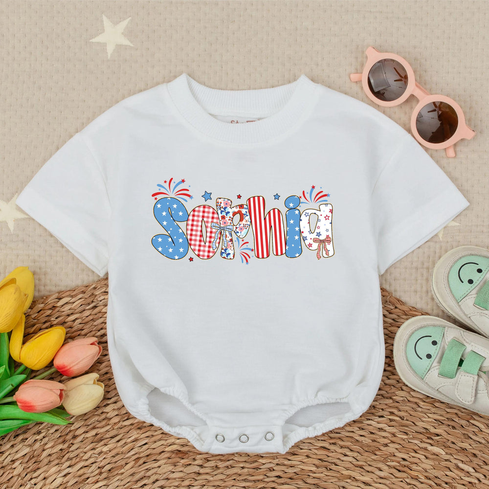Personalized 4th of July Baby Romper with Name in Red White Blue Bubble Letters, Patriotic Toddler Outfit for Independence Day Gift