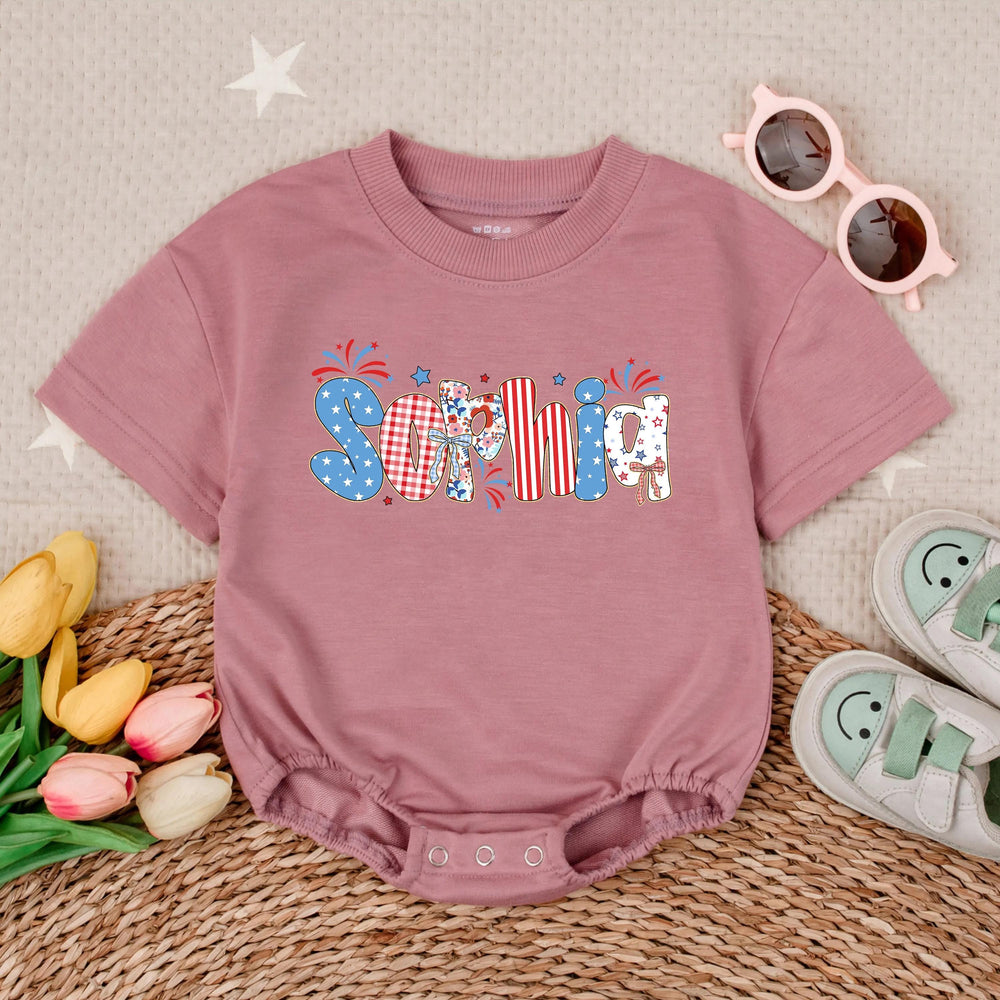 Personalized 4th of July Baby Romper with Name in Red White Blue Bubble Letters, Patriotic Toddler Outfit for Independence Day Gift