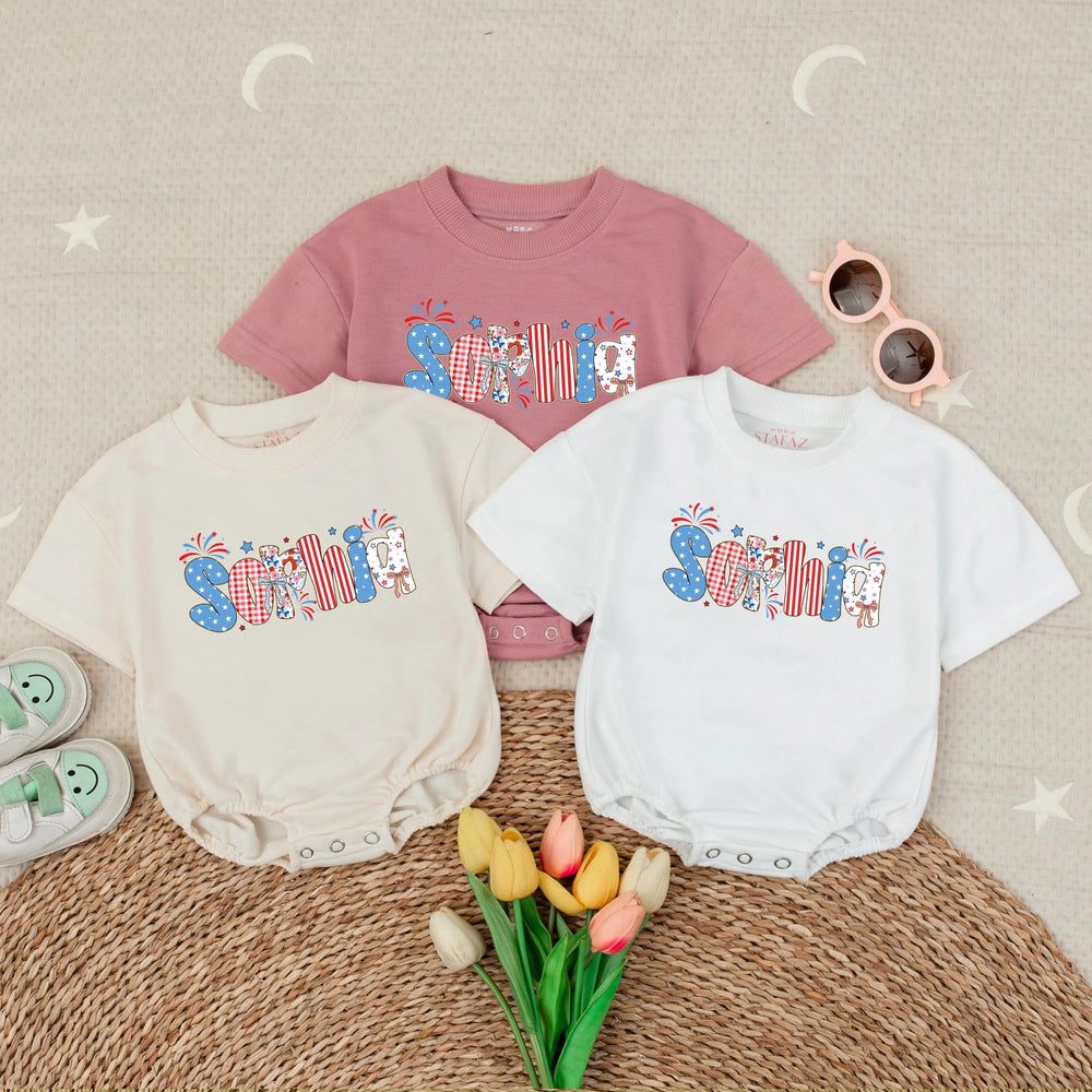 Personalized 4th of July Baby Romper with Name in Red White Blue Bubble Letters, Patriotic Toddler Outfit for Independence Day Gift