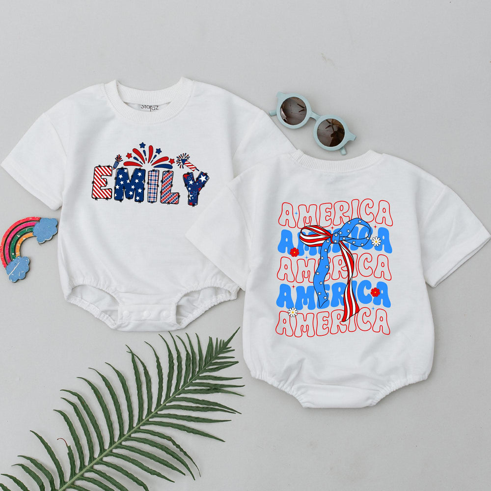 Personalized 4th of July Baby Romper with Red White Blue Bows Cute Patriotic Infant Girl Outfit Soft Cotton Fourth of July Clothes