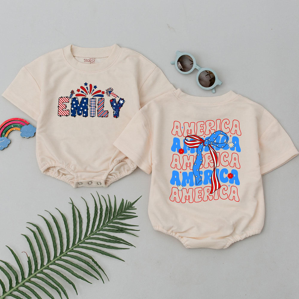 Personalized 4th of July Baby Romper with Red White Blue Bows Cute Patriotic Infant Girl Outfit Soft Cotton Fourth of July Clothes