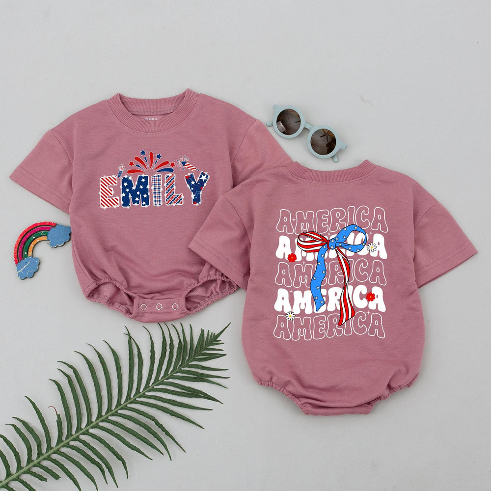 Personalized 4th of July Baby Romper with Red White Blue Bows Cute Patriotic Infant Girl Outfit Soft Cotton Fourth of July Clothes