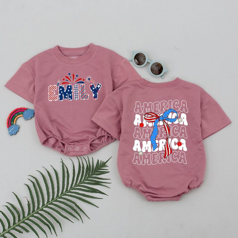 Personalized 4th of July Baby Romper with Red White Blue Bows Cute Patriotic Infant Girl Outfit Soft Cotton Fourth of July Clothes
