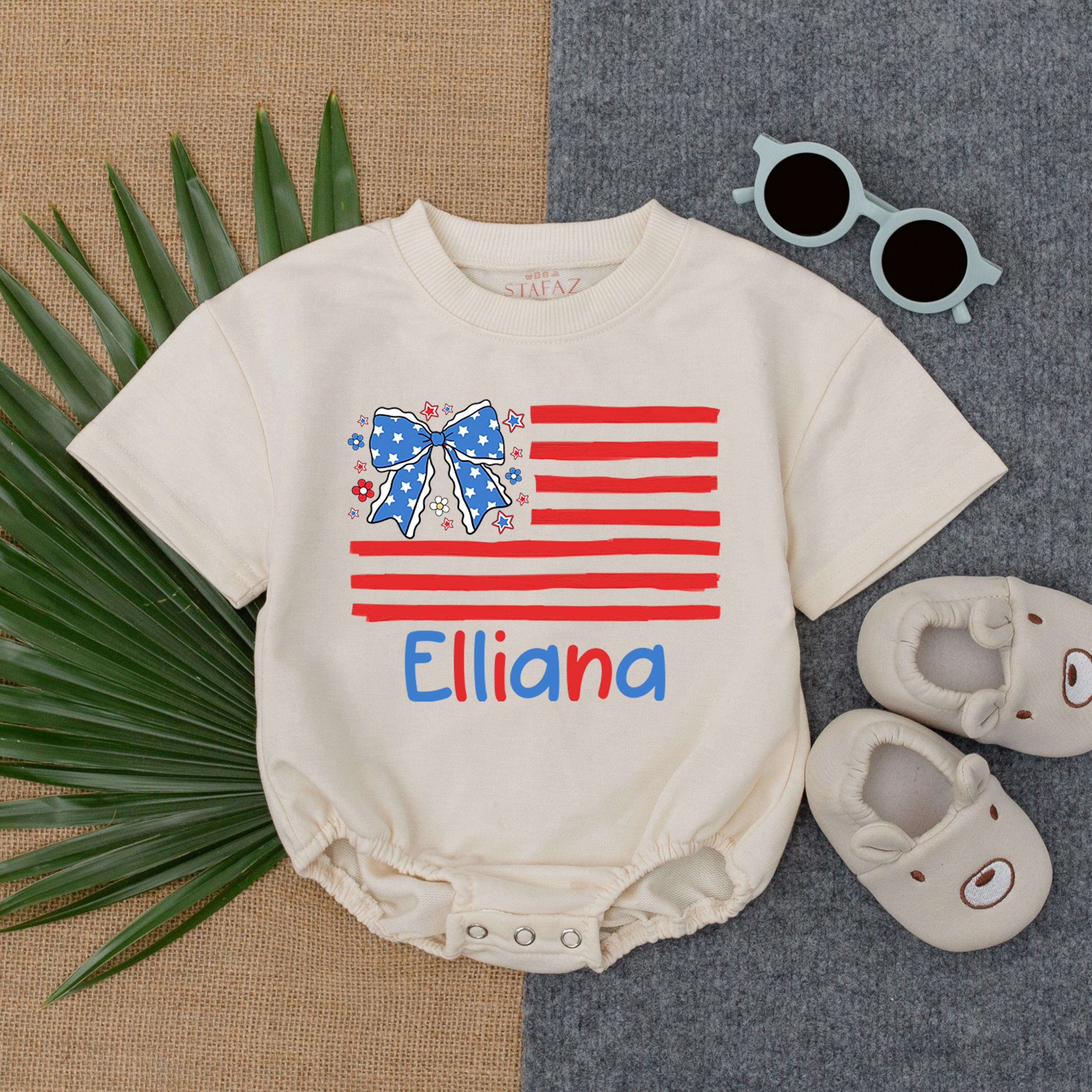 Personalized 4th of July Baby Romper with Red White Blue Flag Design Custom Name Outfit for Girl Toddler Holiday Celebration Gift
