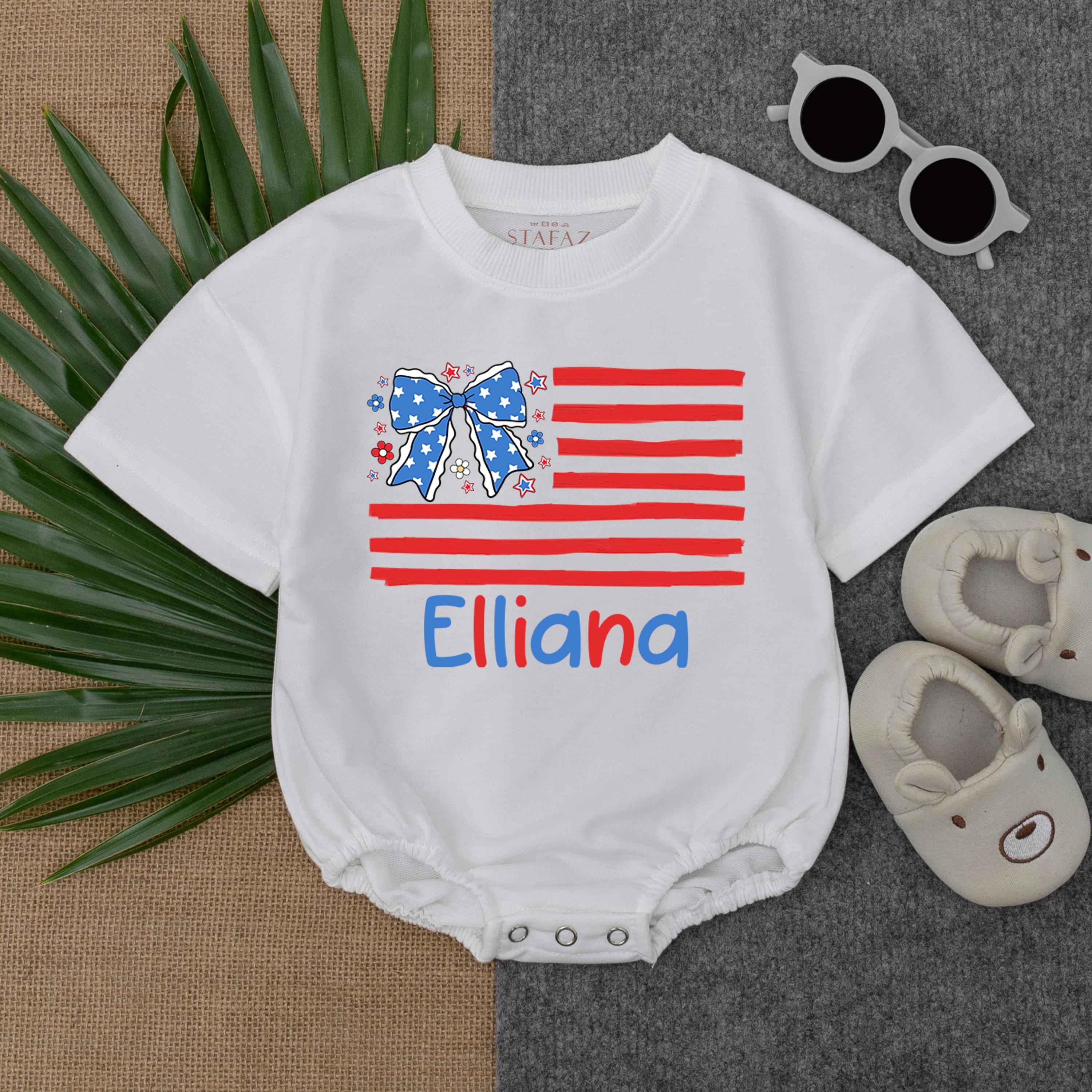 Personalized 4th of July Baby Romper with Red White Blue Flag Design Custom Name Outfit for Girl Toddler Holiday Celebration Gift