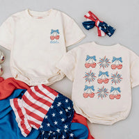 Personalized 4th of July Baby Romper with Stars and Stripes Bow Toddler Girl Patriotic Fireworks Outfit Custom Name Infant Cotton Clothes