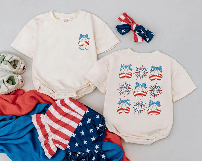 Personalized 4th of July Baby Romper with Stars and Stripes Bow Toddler Girl Patriotic Fireworks Outfit Custom Name Infant Cotton Clothes