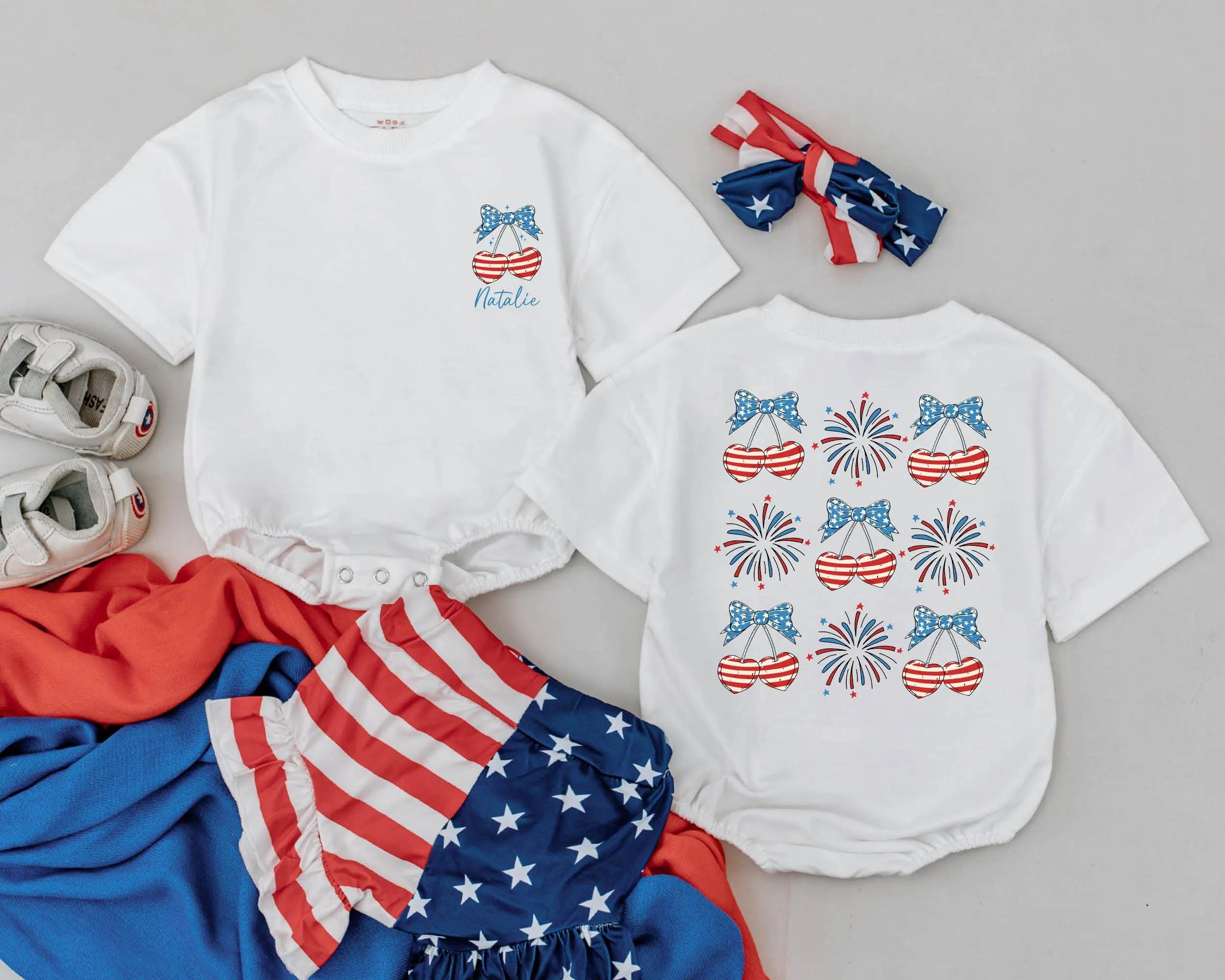 Personalized 4th of July Baby Romper with Stars and Stripes Bow Toddler Girl Patriotic Fireworks Outfit Custom Name Infant Cotton Clothes