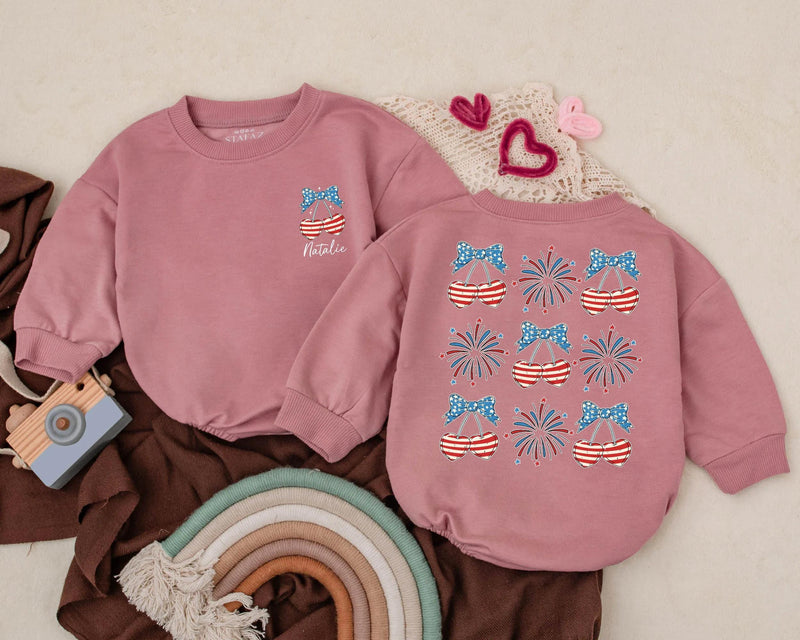 Personalized 4th of July Baby Romper with Stars and Stripes Bow Toddler Girl Patriotic Fireworks Outfit Custom Name Infant Cotton Clothes
