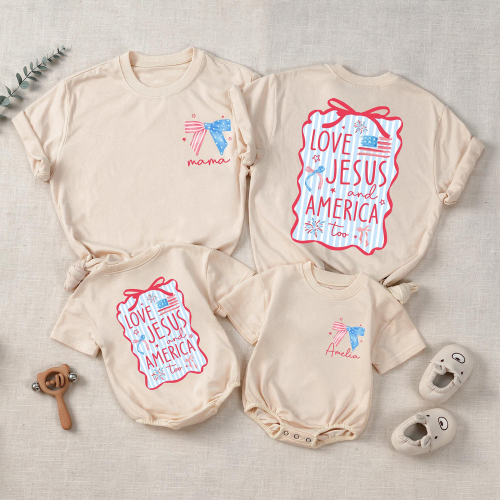 Personalized 4th of July Christian Family Shirts Custom Mama Baby Love Jesus America Outfit Red Wavy Design Matching Holiday Cotton Clothes