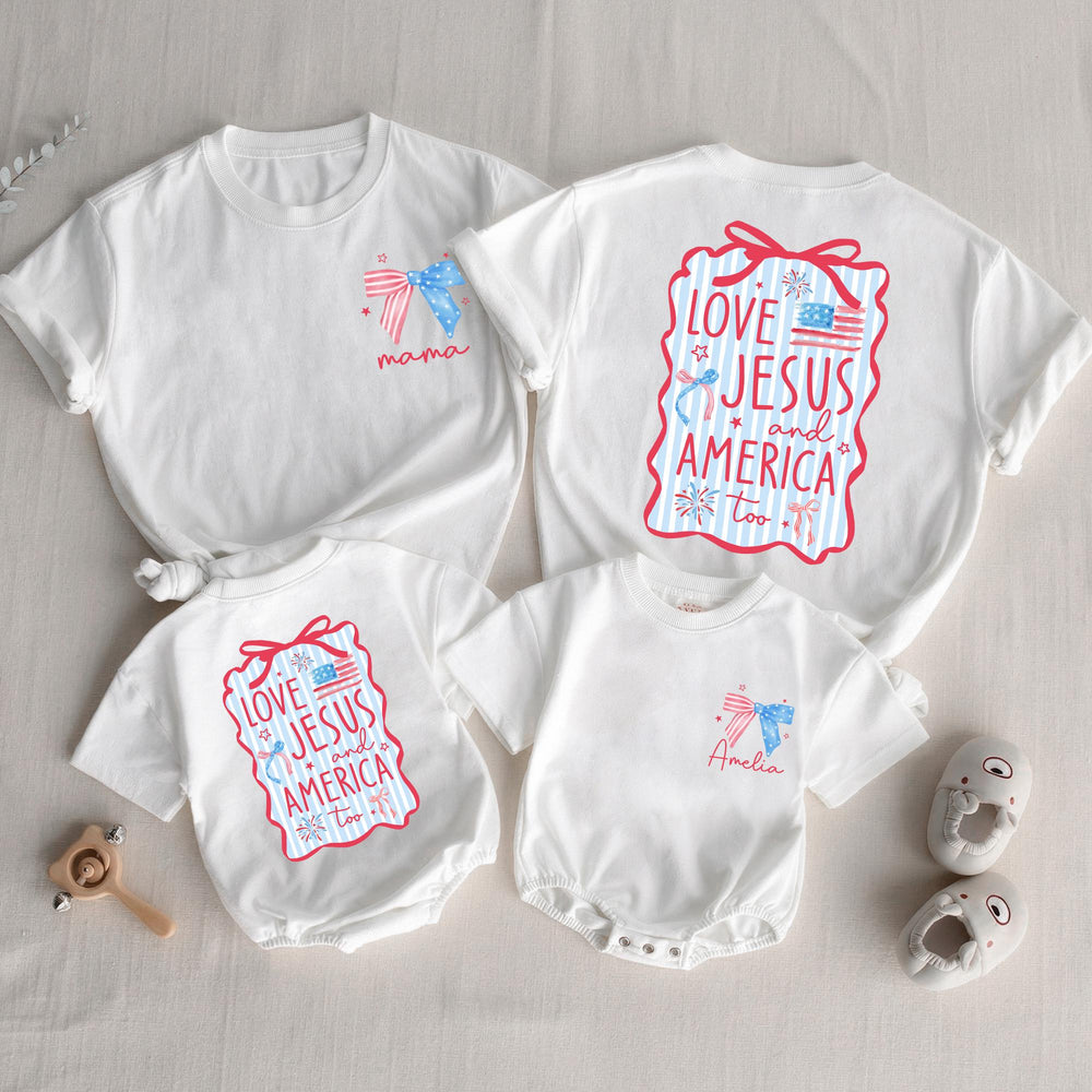 Personalized 4th of July Christian Family Shirts Custom Mama Baby Love Jesus America Outfit Red Wavy Design Matching Holiday Cotton Clothes