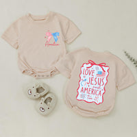 Personalized 4th of July Christian Family Shirts Custom Mama Baby Love Jesus America Outfit Red Wavy Design Matching Holiday Cotton Clothes