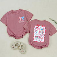 Personalized 4th of July Christian Family Shirts Custom Mama Baby Love Jesus America Outfit Red Wavy Design Matching Holiday Cotton Clothes