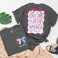 Personalized 4th of July Christian Family Shirts Custom Mama Baby Love Jesus America Outfit Red Wavy Design Matching Holiday Cotton Clothes