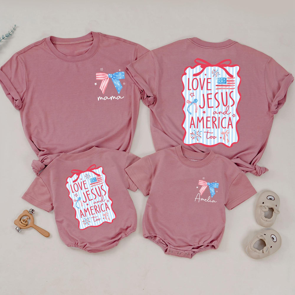 Personalized 4th of July Christian Family Shirts Custom Mama Baby Love Jesus America Outfit Red Wavy Design Matching Holiday Cotton Clothes