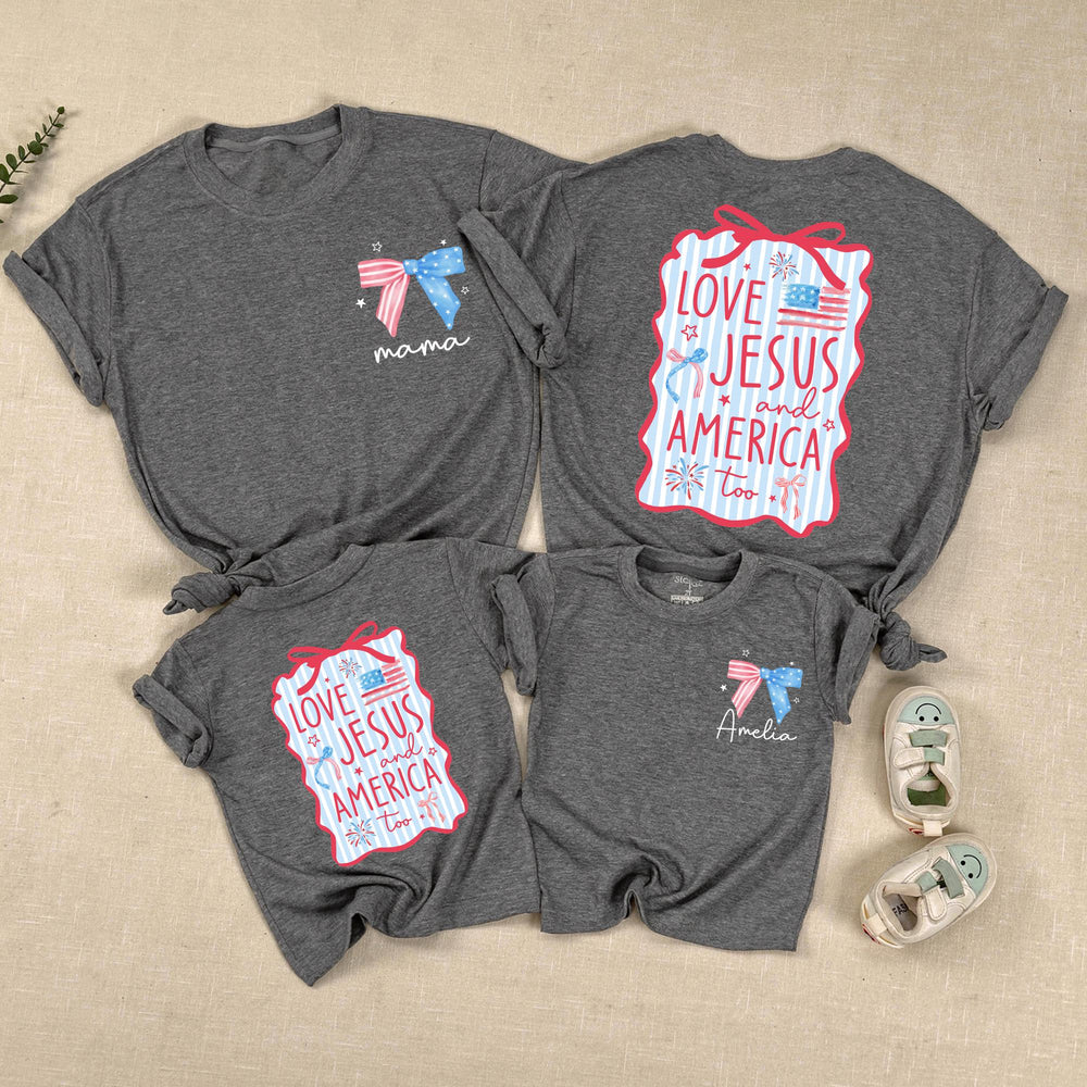 Personalized 4th of July Christian Family Shirts Custom Mama Baby Love Jesus America Outfit Red Wavy Design Matching Holiday Cotton Clothes